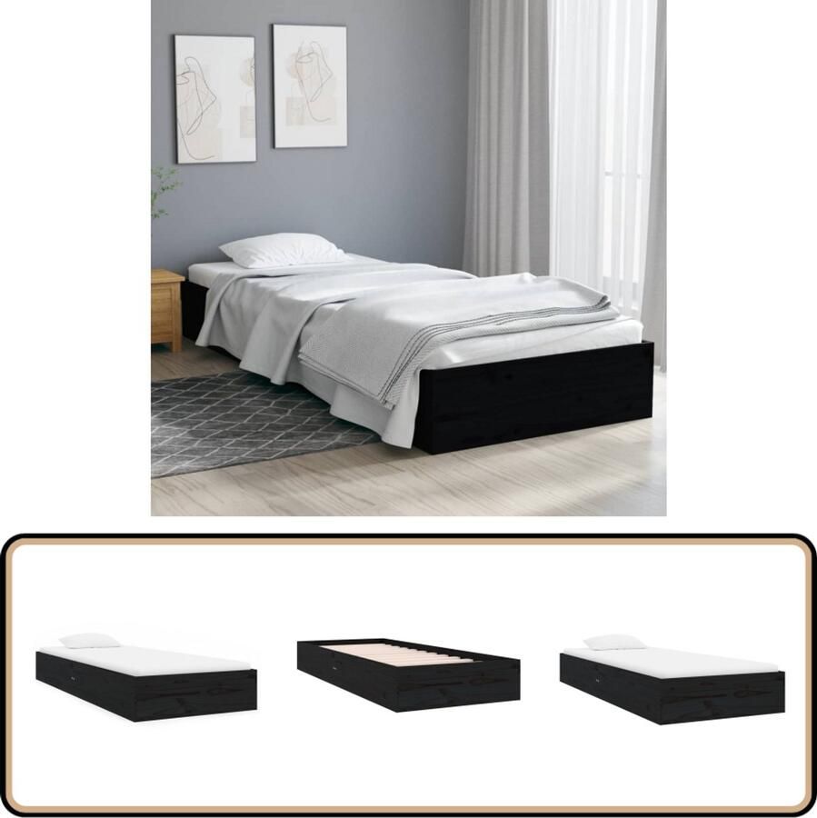 VidaXL Bedframe Massief Hout Zwart 75x190 cm Houten Bedframe Eenpersoonsbed Zwarte Bedframe Klein Bed Modern Bed