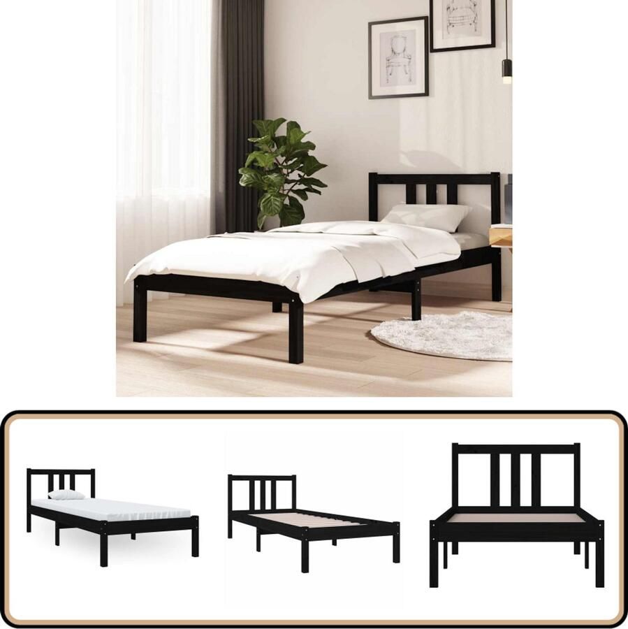 VidaXL Bedframe Massief Hout Zwart 75x190 cm Houten Bedframe Enkelbed Zwart Bedframe Modern Bedframe Klein Bed Stapelbare Bedden Budgetvriendelijk Bed Eenvoudig Bed Design Bed
