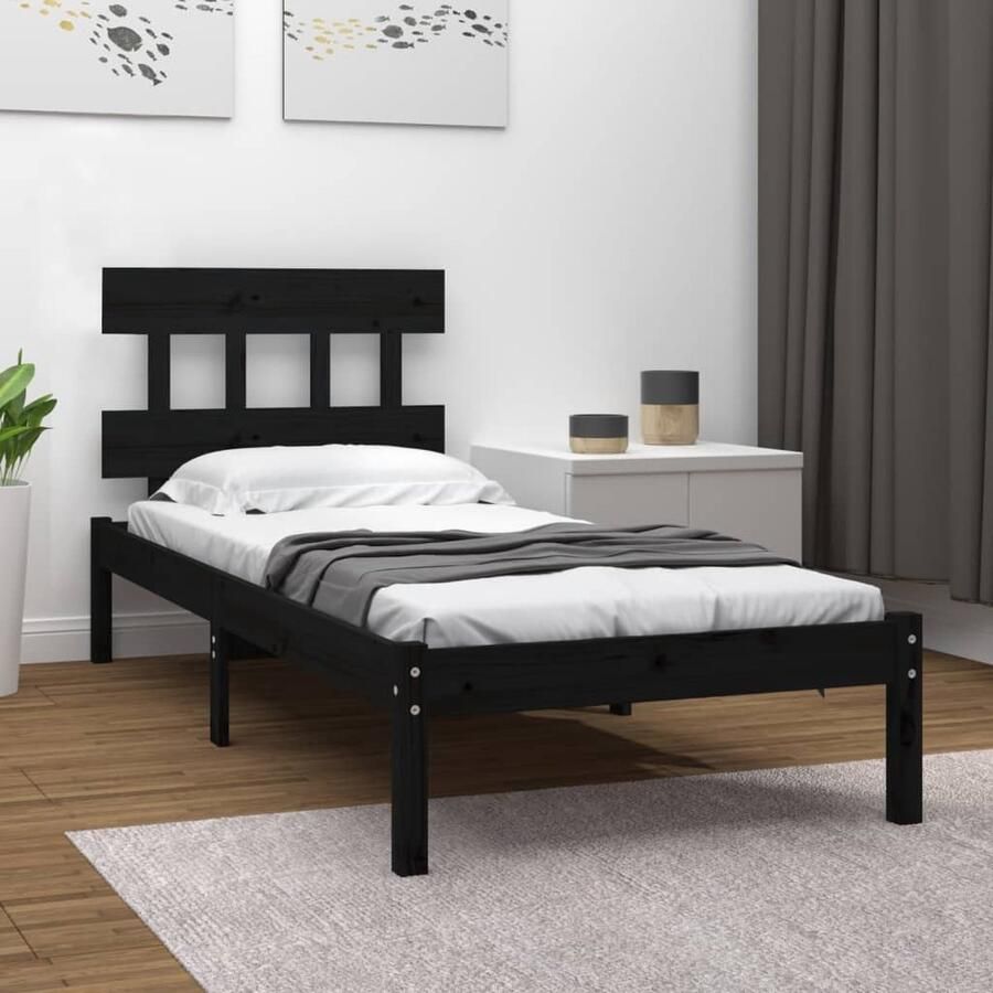 VidaXL Bedframe massief hout zwart 75x190 cm Houten Bedframe Massief Grenenhout Enkel Bed Klein Tweepersoonsbed Zwart Bed Tijdloos Design Comfortabel Hoofdbord - Foto 2