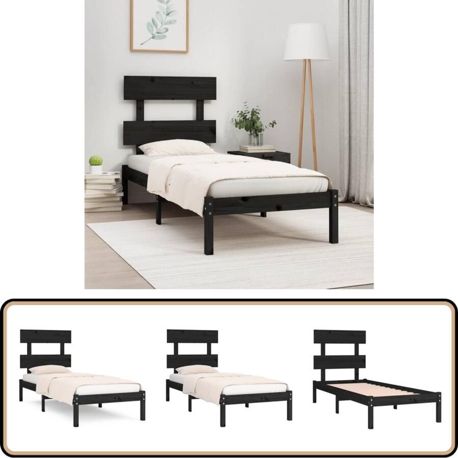 VidaXL Bedframe massief hout Zwart 75x190 cm Houten Bedframe Massief Grenenhout Enkel Bed Zwarte Bedbank Tweepersoons Bed
