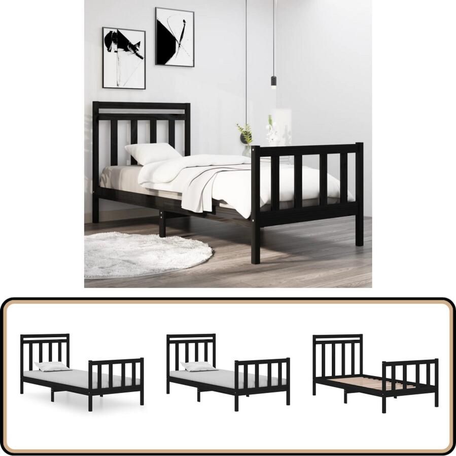 VidaXL Bedframe massief hout zwart 75x190 cm Klassieke Bedframe Houten Bedframe Grenenhout Bedframe Tweepersoons Bed Enkel Bed Klein Bed Zwart Bedframe Bed Met Hoofdbord