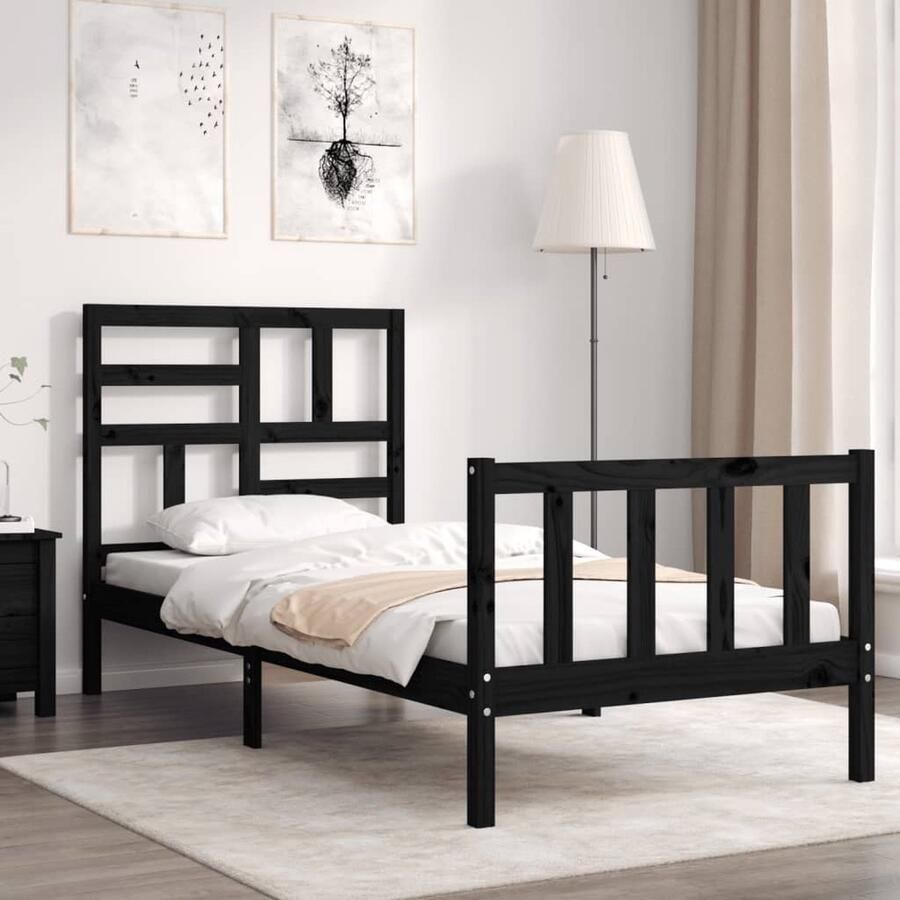 VidaXL Bedframe Massief Hout Zwart 75x190 cm Massief Hout Bed Frame Zwarte Bedpost Grenenhouten Bed Tweepersoons Bed Boxspring Bed Slaapcomfort - Foto 2