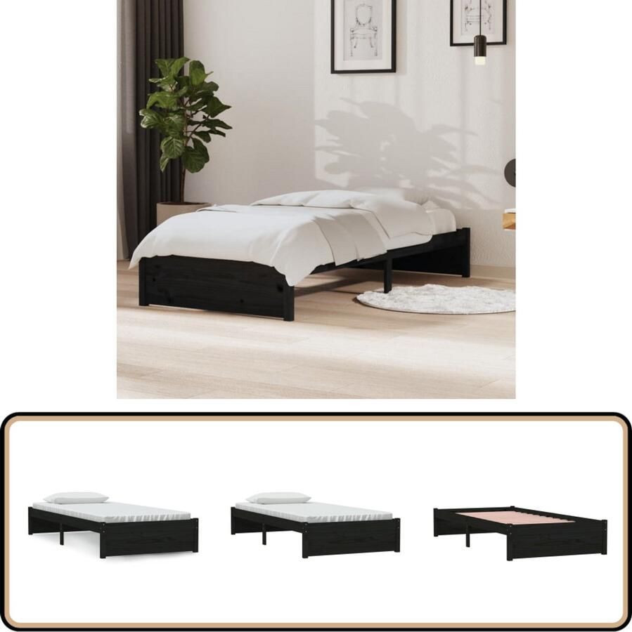 VidaXL Bedframe Massief Hout Zwart 90x190 cm Houten Bedframe Eenpersoonsbed Zwarte Bedframe Modern Bedframe Stabiele Bedframe