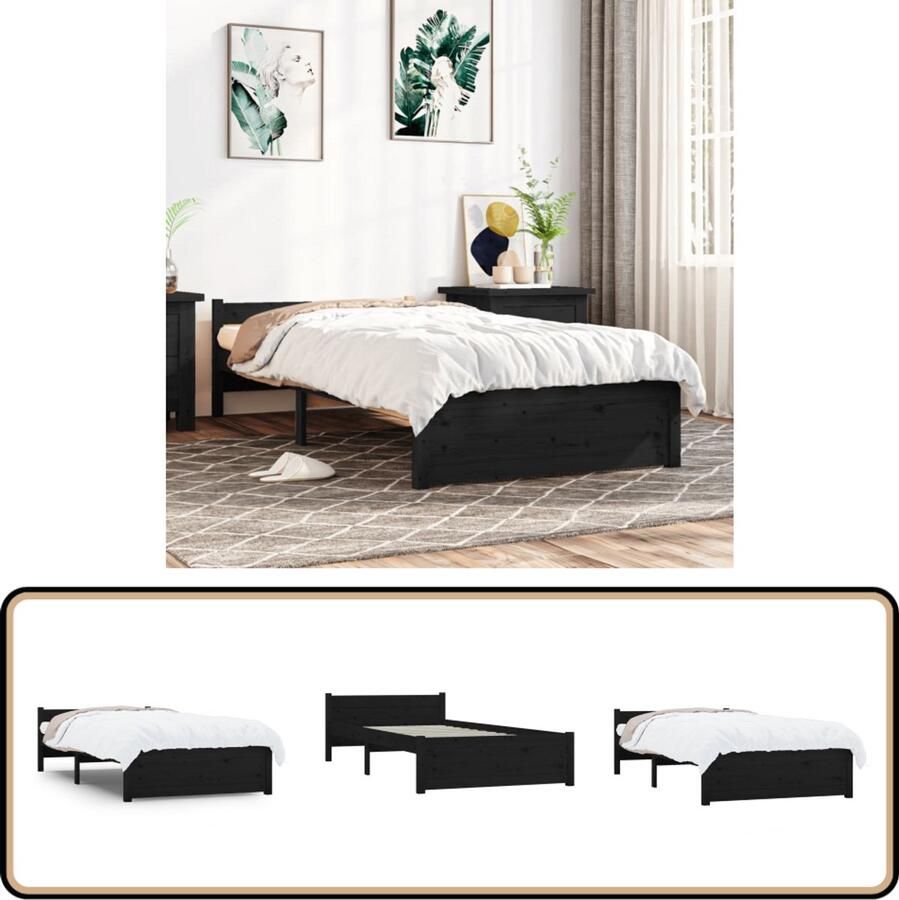 VidaXL Bedframe Massief Hout Zwart 90x200 cm Houten Bedframe Eenpersoons Bed Zwarte Bed Modern Bed Stabiel Bed Comfort Bed Klein Bed Kinderbed
