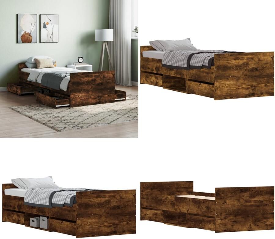 VidaXL Bedframe met hoofd- en voeteneinde gerookt eiken 75x190 cm Bedframe Bedframes Bed Bedbodem