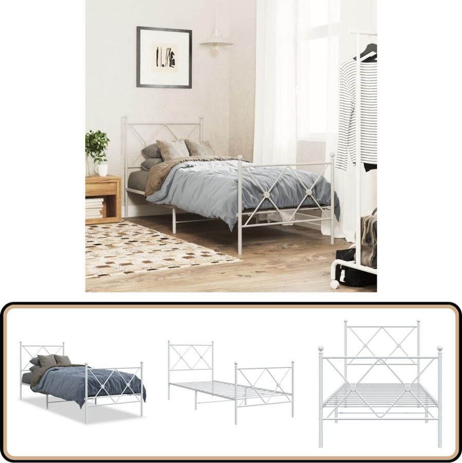 VidaXL -Bedframe-met-hoofd--en-voeteneinde-metaal-wit-75x190-cm - Foto 2