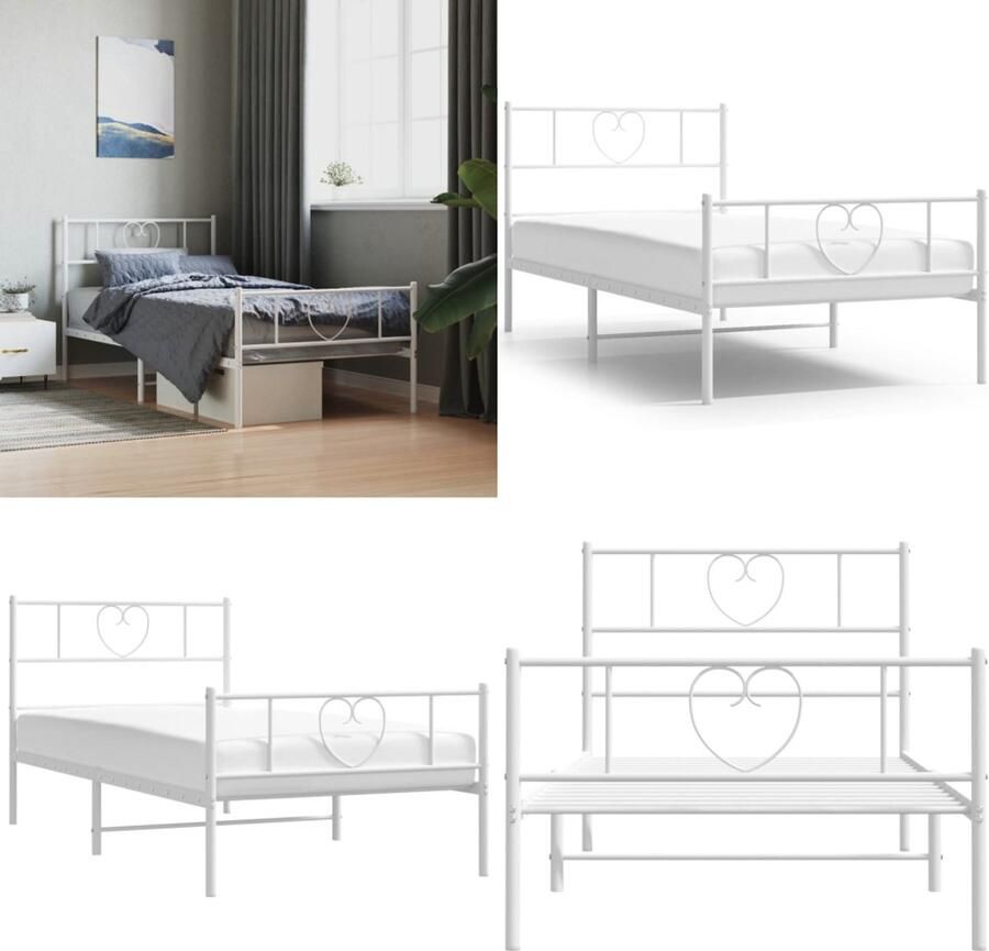 VidaXL Bedframe met hoofd- en voeteneinde metaal wit 90x200 cm Bedframe Bedframes Bed Bedbodem