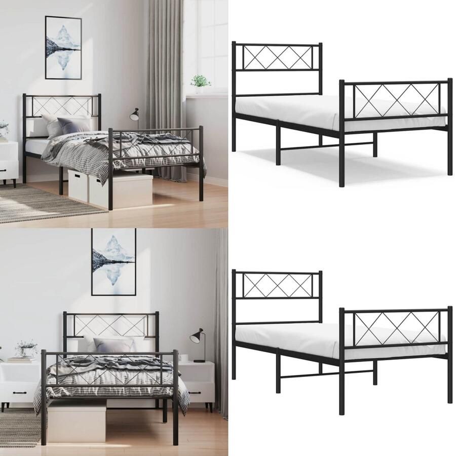 VidaXL Bedframe met hoofd- en voeteneinde metaal zwart 100x200 cm Bedframe Bedframes Eenpersoonsbed Bed