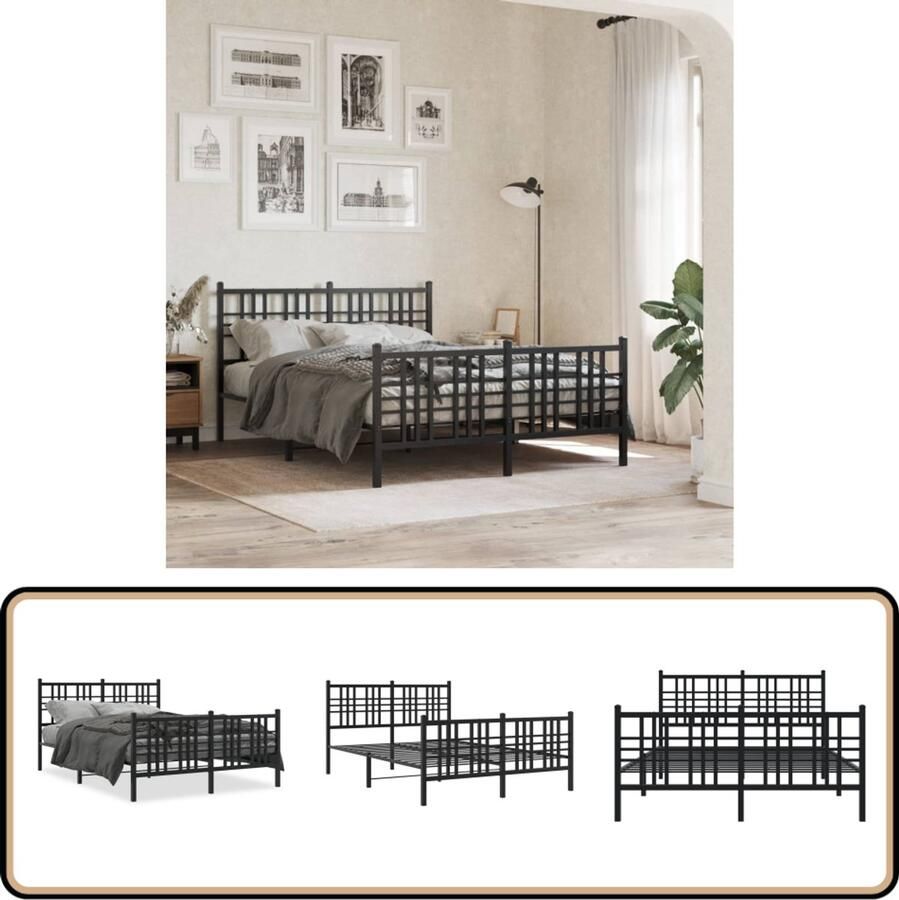VidaXL -Bedframe-met-hoofd--en-voeteneinde-metaal-zwart-140x200-cm - Foto 2