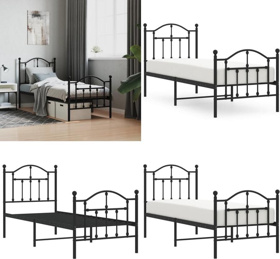 VidaXL Bedframe met hoofd- en voeteneinde metaal zwart 75x190 cm Bedframe Bedframes Eenpersoonsbed Bed