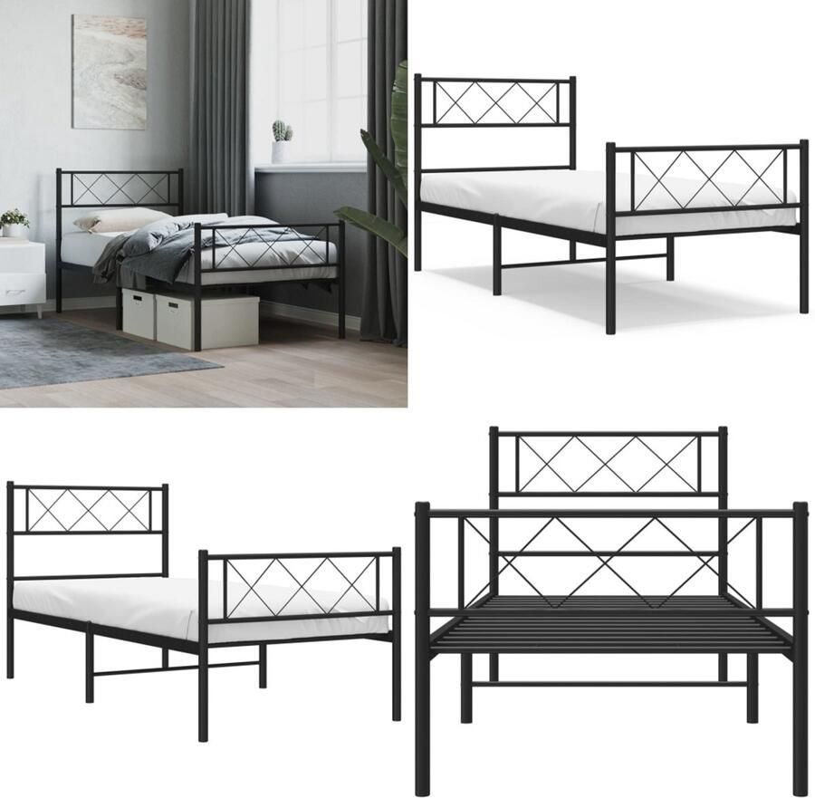 VidaXL Bedframe met hoofd- en voeteneinde metaal zwart 80x200 cm Bedframe Bedframes Eenpersoonsbed Bed