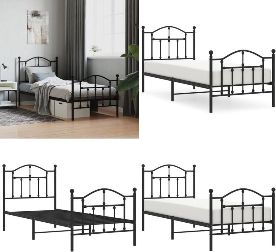 VidaXL Bedframe met hoofd- en voeteneinde metaal zwart 90x200 cm Bedframe Bedframes Eenpersoonsbed Bed