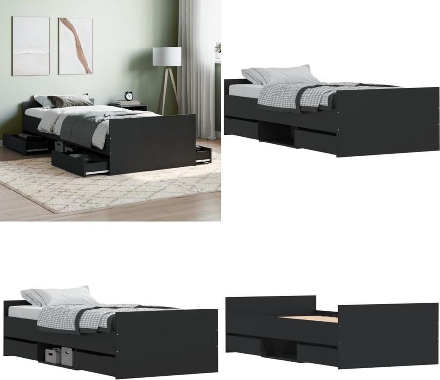 VidaXL Bedframe met hoofd- en voeteneinde zwart 90x200 cm Bedframe Bedframes Bed Bedbodem