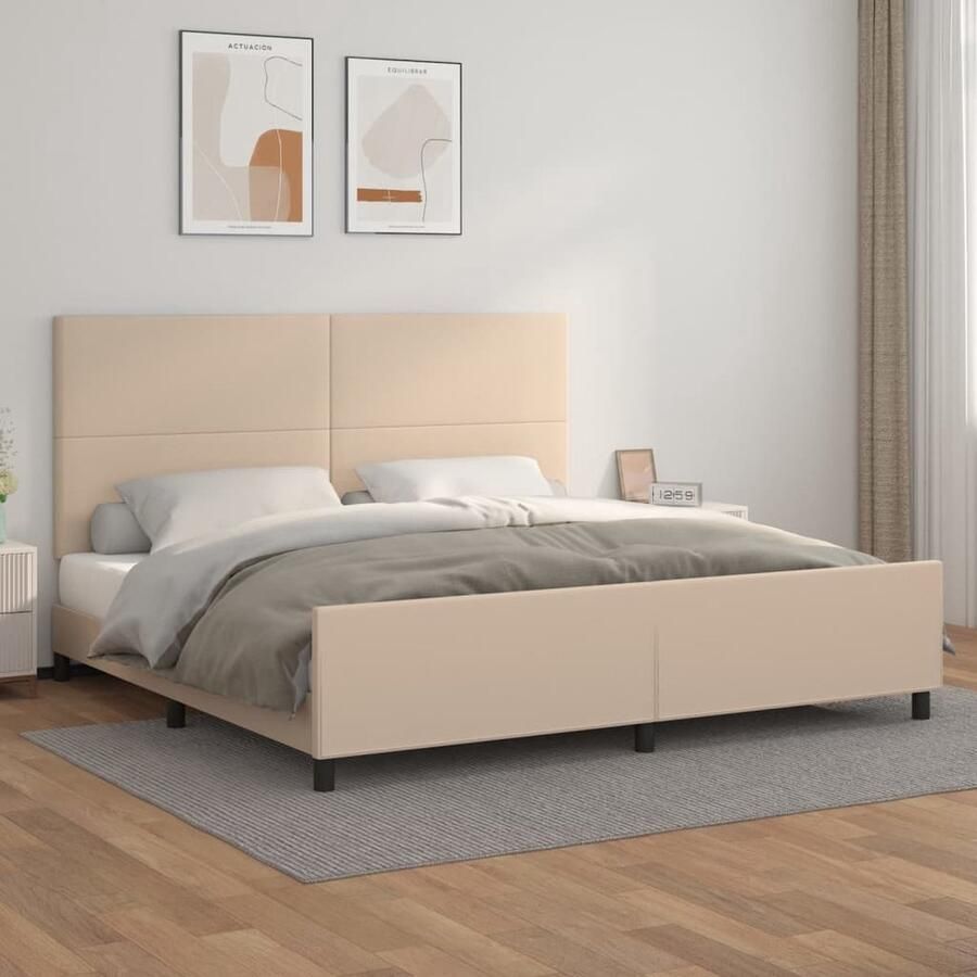 VidaXL Bedframe met hoofdbord 200x200 cm Cappuccino Bed Frame Kapstok Houten Bed Tweepersoons Bed Bruine Bed Kunstleder Bed Adjustable Headboard Boxspring Bed - Foto 2