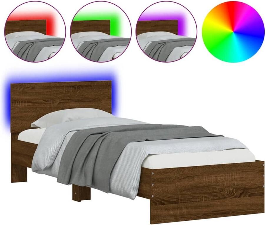 VidaXL Bedframe met LED 75x190 cm Bruin Eiken Bed Frame Houten Bed Tweepersoonsbed Led Bed Bruin Eiken Bed Hoofdbord Comfortabel Bed Design Bed - Foto 2