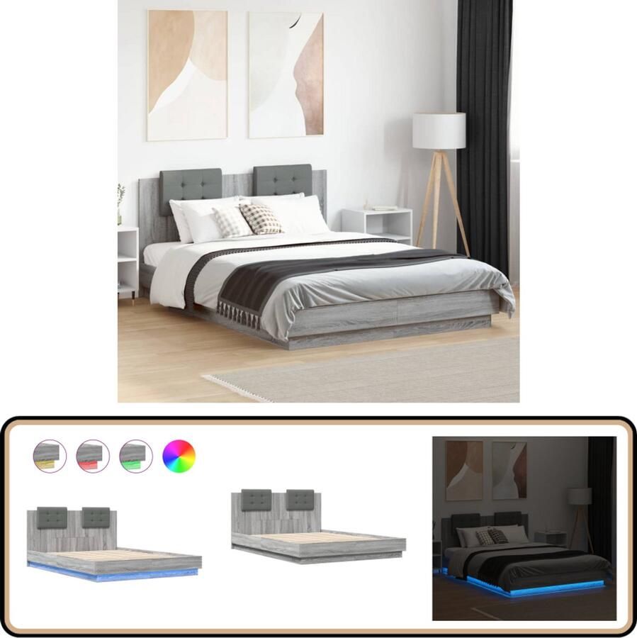 VidaXL Bedframe met hoofdbord en LED grijs sonoma eiken 140x200 cm