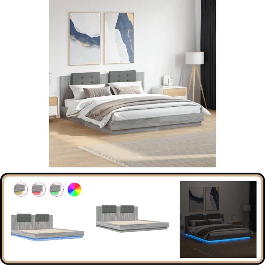 VidaXL Bedframe met hoofdbord en LED grijs sonoma eiken 180x200 cm