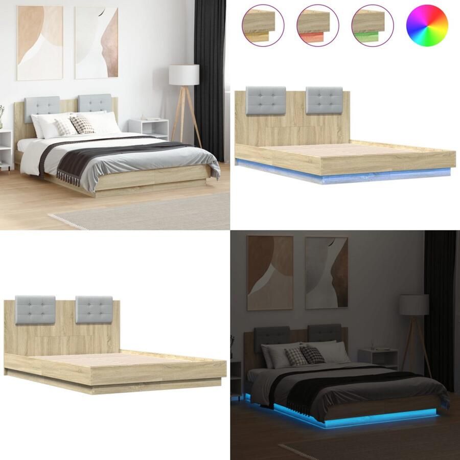 VidaXL Bedframe met hoofdbord en LED sonoma eikenkleurig 120x190 cm Bedframe Bedframes Bed 2-persoons Bed