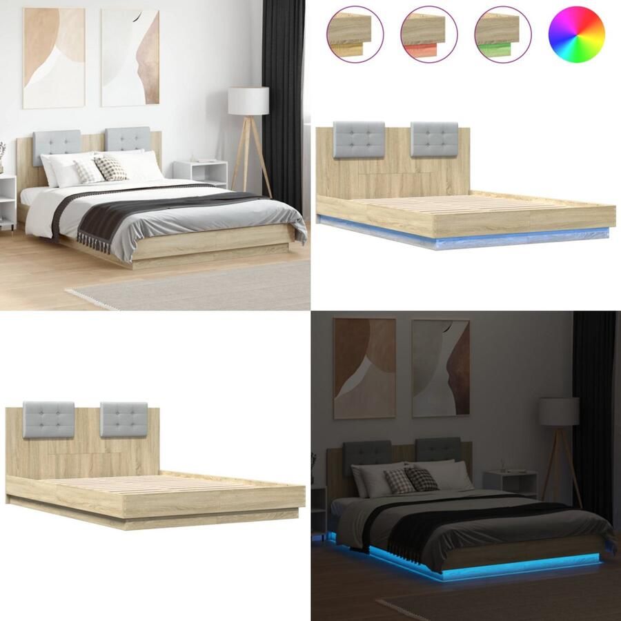 VidaXL Bedframe met hoofdbord en LED sonoma eikenkleurig 120x200 cm Bedframe Bedframes Bed 2-persoons Bed