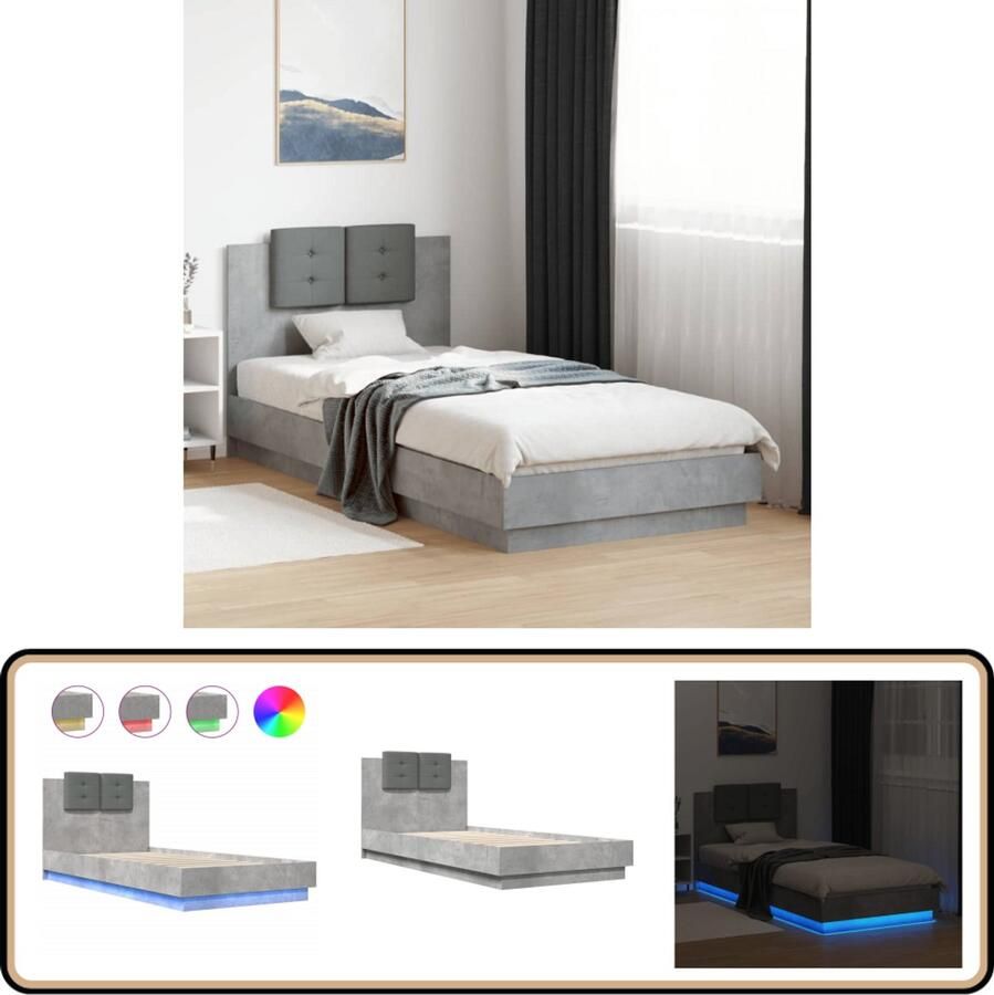 VidaXL Bedframe met hoofdbord en LED-verlichting betongrijs 100x200 cm