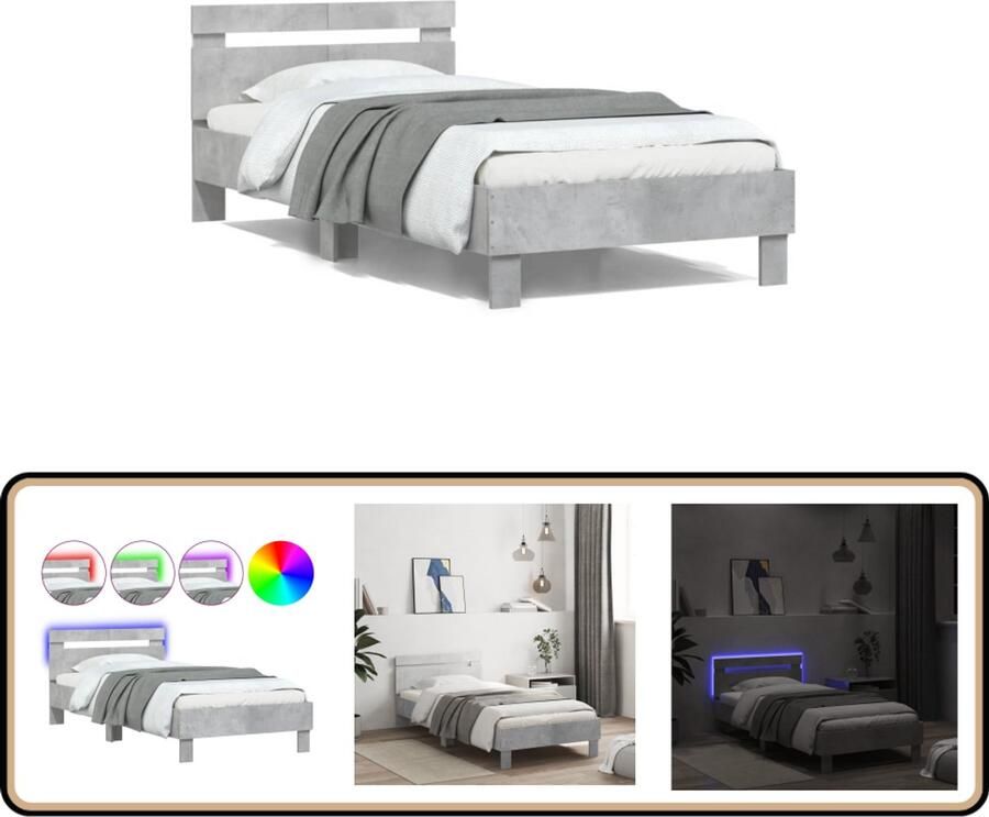 VidaXL Bedframe met hoofdbord en LED-verlichting betongrijs 100x200 cm