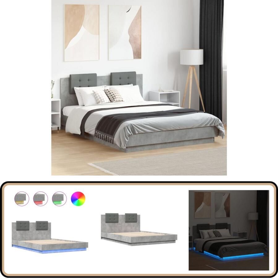 VidaXL Bedframe met hoofdbord en LED-verlichting betongrijs 150x200 cm