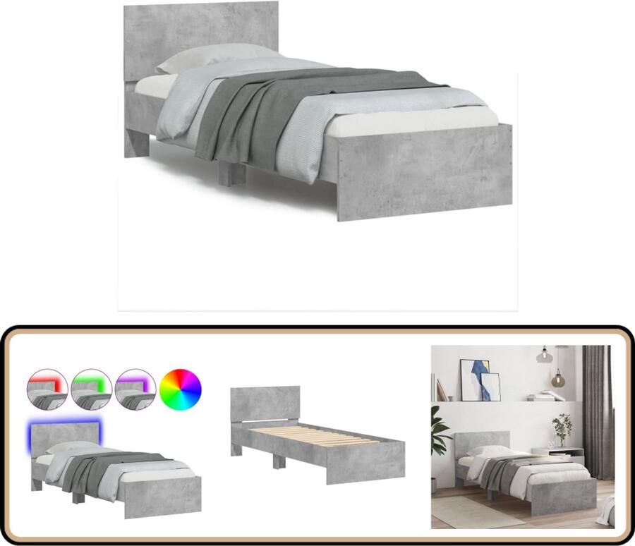VidaXL Bedframe met hoofdbord en LED-verlichting betongrijs 75x190 cm