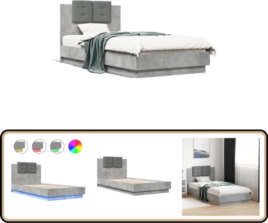 VidaXL Bedframe met hoofdbord en LED-verlichting betongrijs 75x190 cm