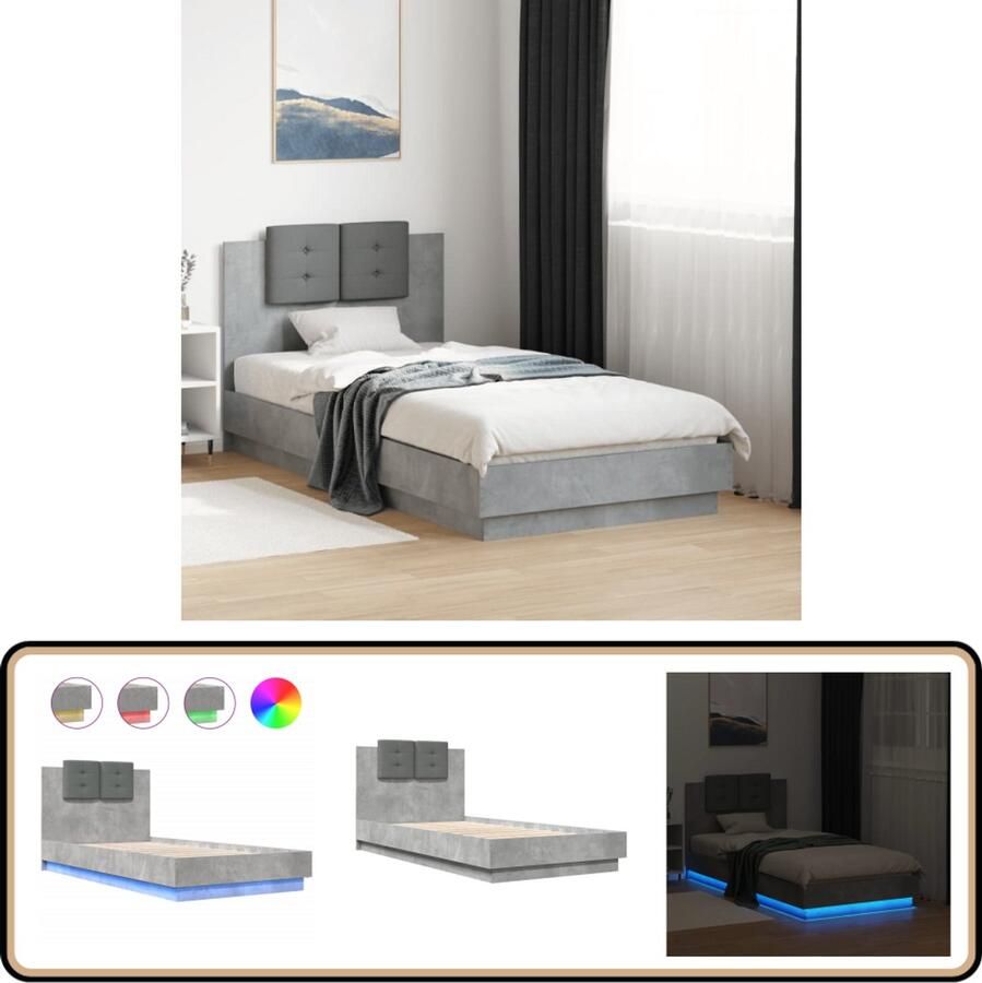VidaXL Bedframe met hoofdbord en LED-verlichting betongrijs 90x190 cm