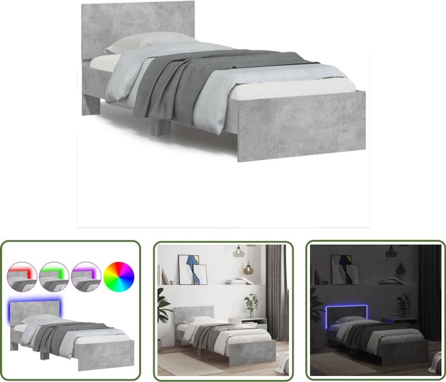 VidaXL Bedframe met hoofdbord en LED-verlichting betongrijs 90x200 cm Beton Grijs Bed Frame Led Verlichting Bed Houten Bed Frame Tweepersoons Bed King Size Bed