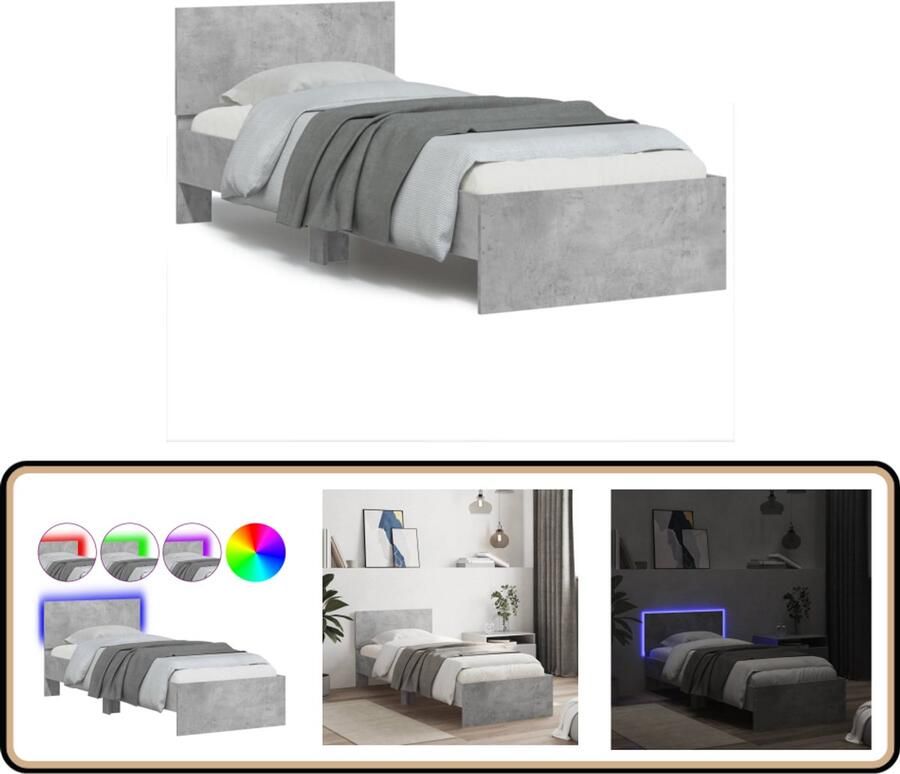 VidaXL Bedframe met hoofdbord en LED-verlichting betongrijs 90x200 cm