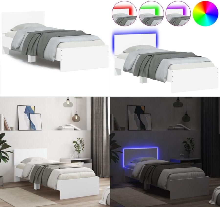 VidaXL Bedframe met hoofdbord en LED-verlichting wit 90x200 cm Bedframe Bedframes Bed Bedbodem