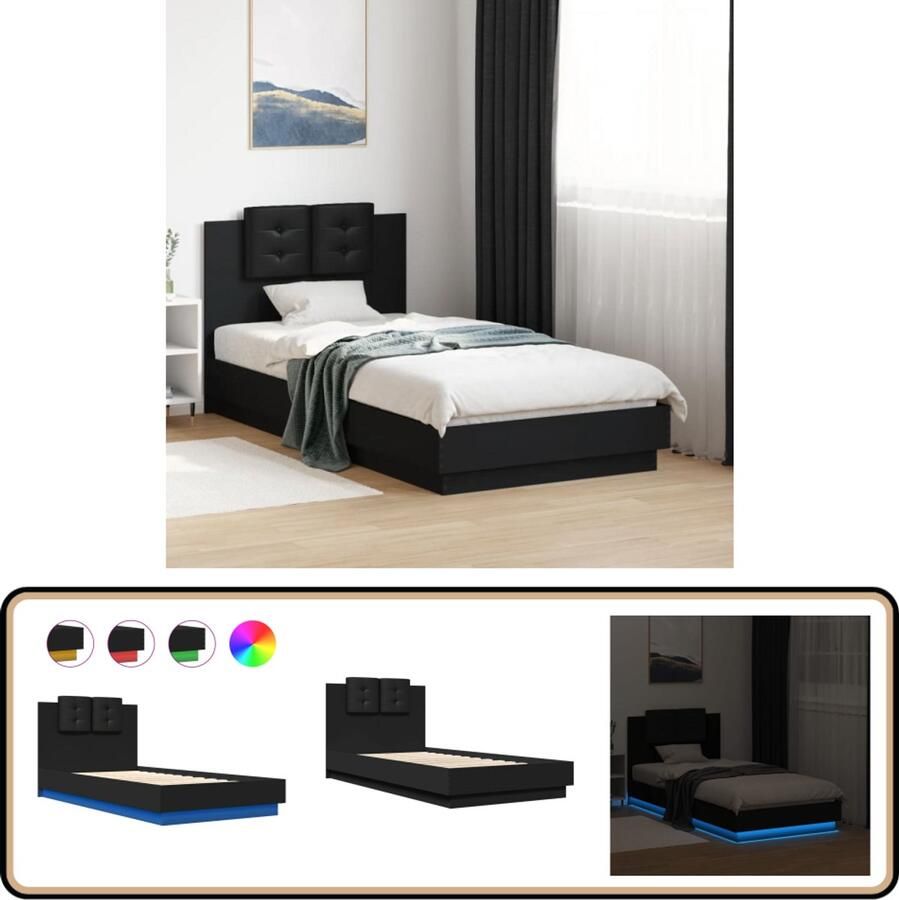 VidaXL Bedframe met hoofdbord en LED-verlichting zwart 75x190 cm