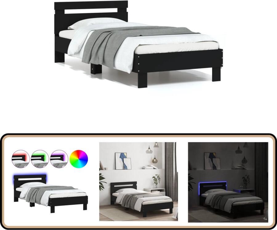 VidaXL Bedframe met hoofdbord en LED-verlichting zwart 75x190 cm - Foto 2