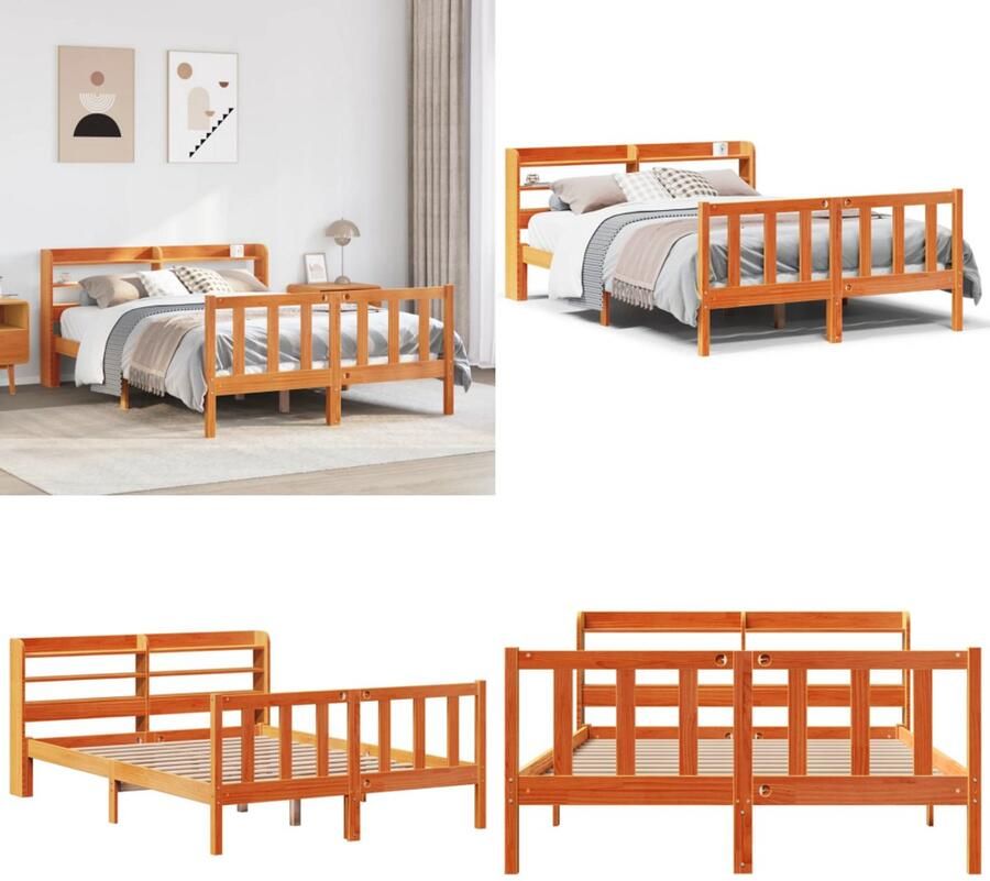 VidaXL Bedframe met hoofdbord grenenhout wasbruin 140x200 cm Bedframe Bedframes Bed Bedbodem