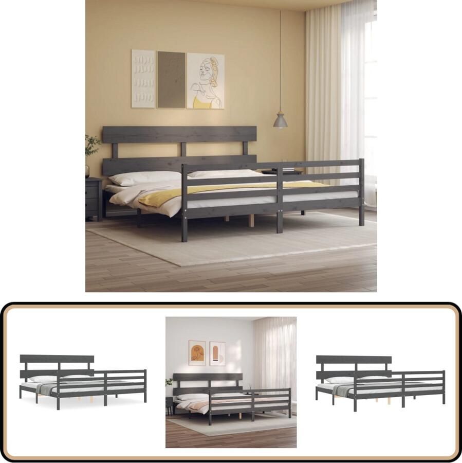 VidaXL Bedframe met hoofdbord Grijs 200x200 cm Massief Hout Bed Grenenhouten Bed Grijs Bed Tweepersoonsbed Boxspring Frame Bed Zonder Matras Stapelbare Bedden