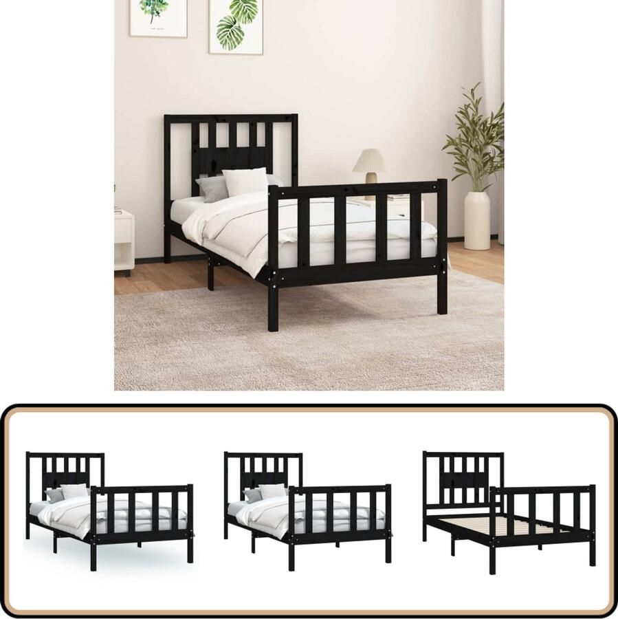 VidaXL Bedframe met hoofdbord Hout Zwart 90x200 cm Houten Bedframe Massief Grenenhout Hoofdbord Zwart Bed Tweepersoonsbed Slaapcomfort