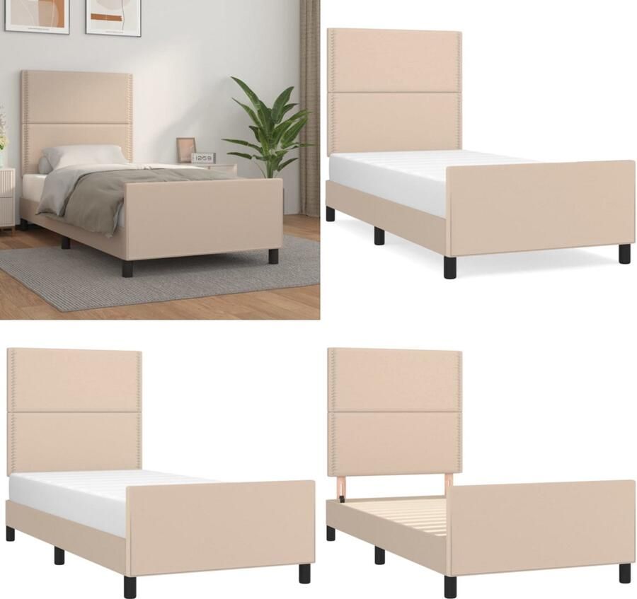 VidaXL Bedframe met hoofdbord kunstleer cappuccinokleurig 100x200 cm Bedframe Bedframes Bed Slaapmeubel