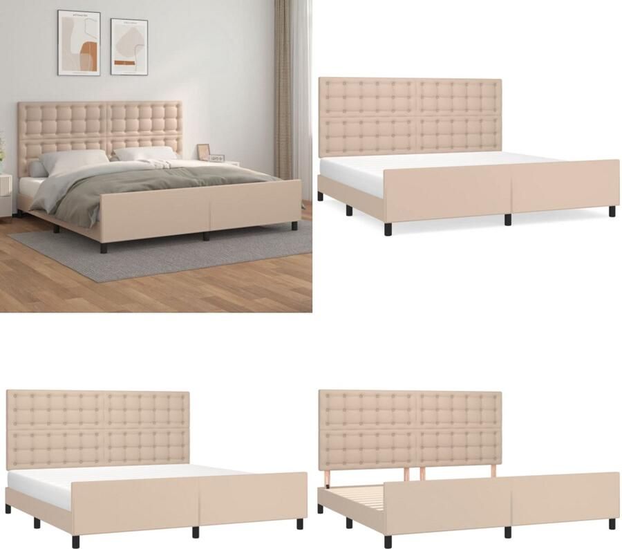 VidaXL Bedframe met hoofdbord kunstleer cappuccinokleurig 200x200 cm Bedframe Met Hoofdbord Bedframes Met Hoofdborden Bedframe Bed