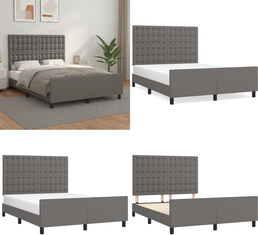 VidaXL Bedframe met hoofdbord kunstleer grijs 140x190 cm Bedframe Met Hoofdbord Bedframes Met Hoofdborden Bedframe Bed - Foto 2