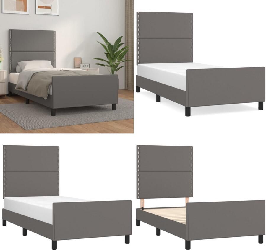 The Living Store Bedframe met hoofdbord kunstleer grijs 90x200 cm Bed Frame Kunstleder Bed Tweepersoons Bed Boxspring Hoofdbord