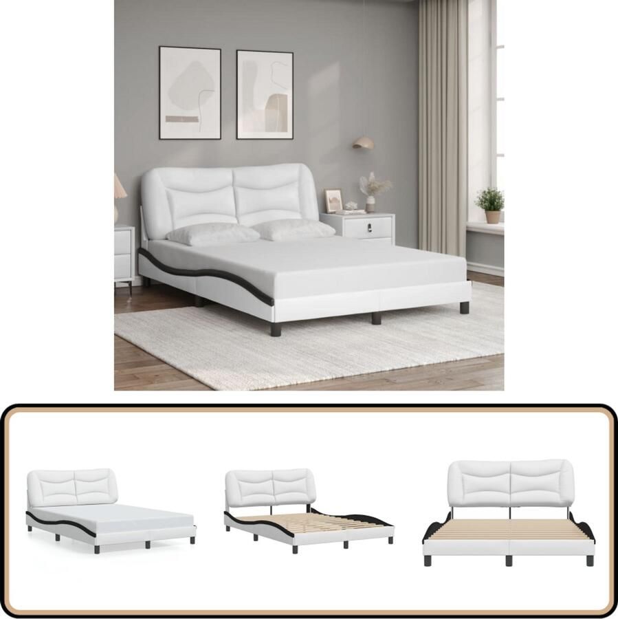 VidaXL Bedframe met hoofdbord kunstleer wit en zwart 140x190 cm