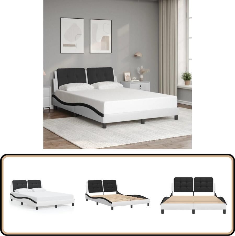 VidaXL Bedframe met hoofdbord kunstleer wit en zwart 140x190 cm
