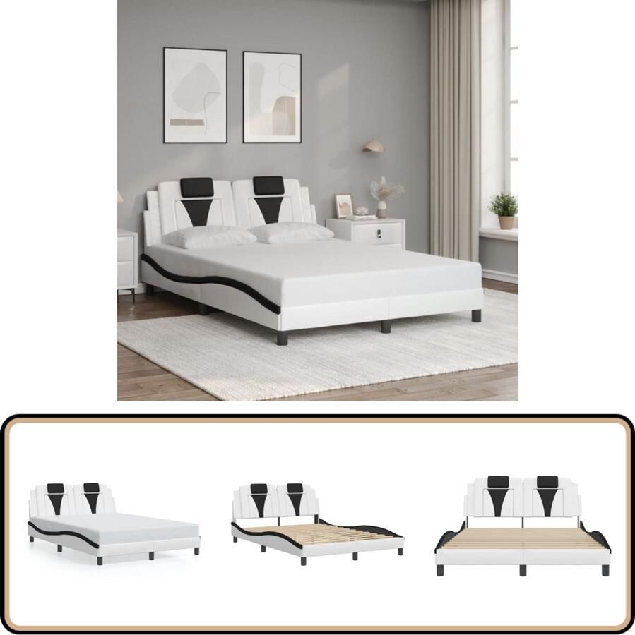 VidaXL Bedframe met hoofdbord kunstleer wit en zwart 140x190 cm