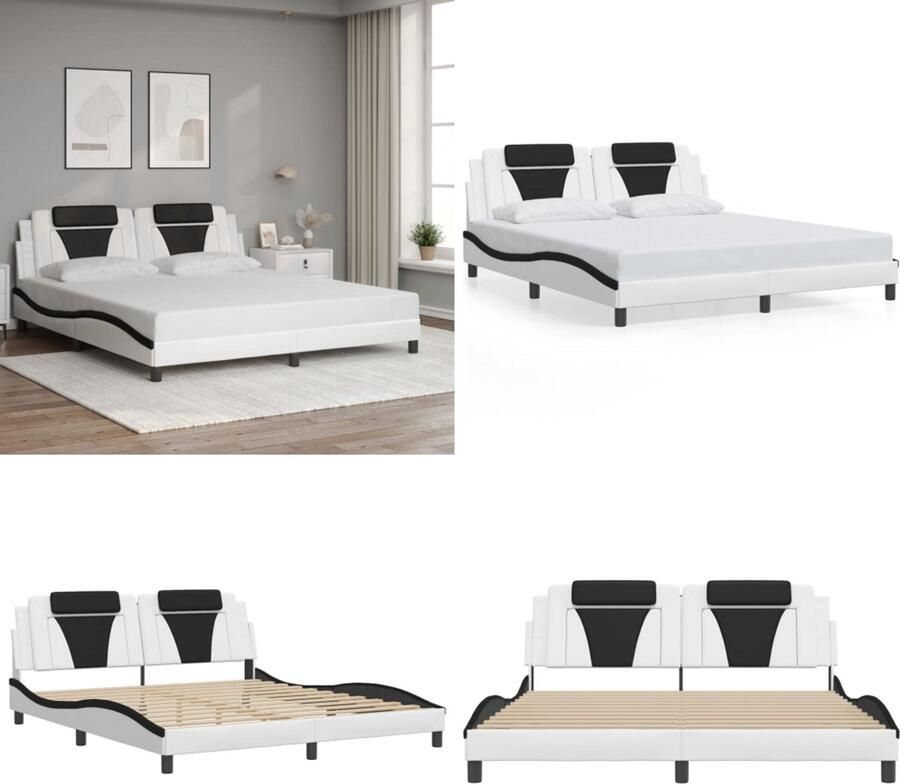 VidaXL Bedframe met hoofdbord kunstleer wit en zwart 180x200 cm Bedframe Bedframes Bed Bedbodem