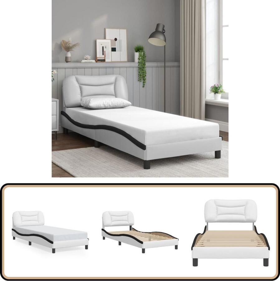 VidaXL Bedframe met hoofdbord kunstleer wit en zwart 90x200 cm