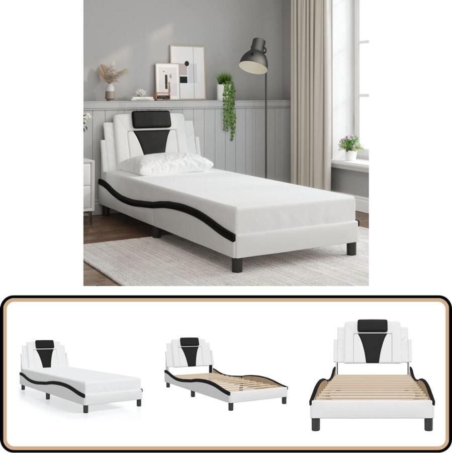 VidaXL Bedframe met hoofdbord kunstleer wit en zwart 90x200 cm