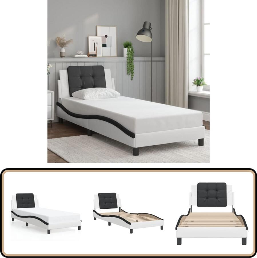 VidaXL Bedframe met hoofdbord kunstleer wit en zwart 90x200 cm