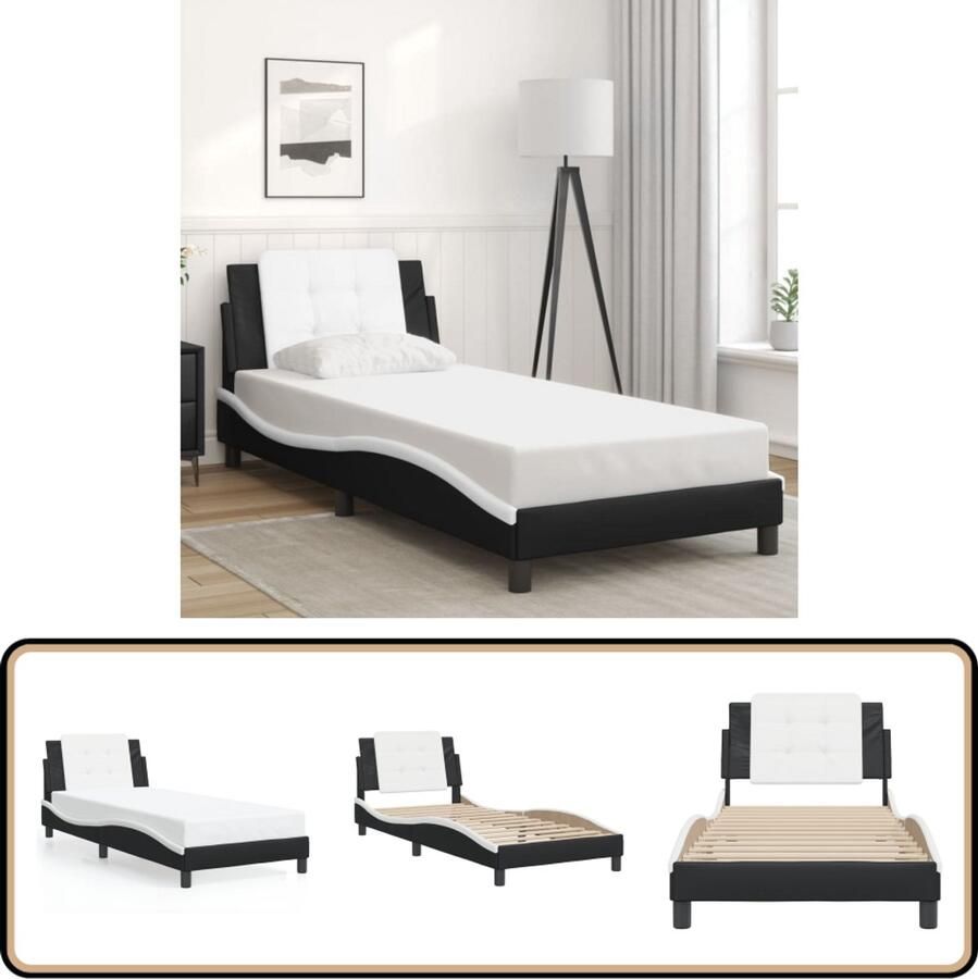 VidaXL Bed Frame Slaapkamers Bedframe zonder matras Zadar kunstleer zwart en wit 100x200 cm Boxspring Tweepersoonsbed Hoofdbord