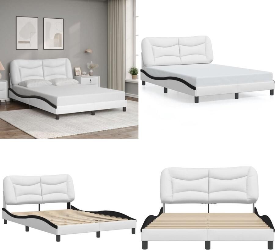 VidaXL Bedframe met hoofdbord kunstleer zwart en wit 140x200 cm Bedframe Bedframes Bed Bedbodem